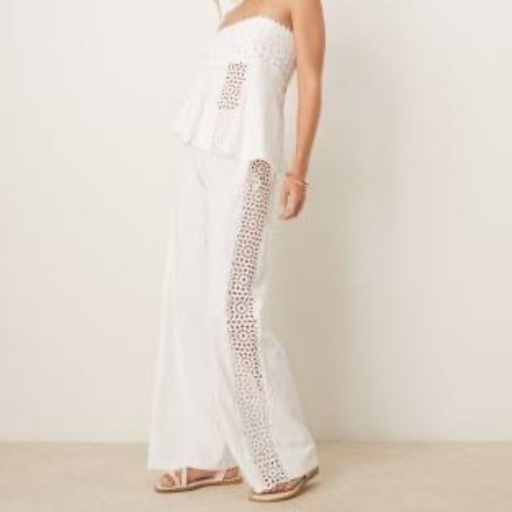 ASOS DESIGN wide leg pants with crochet insert in cream - part of a set